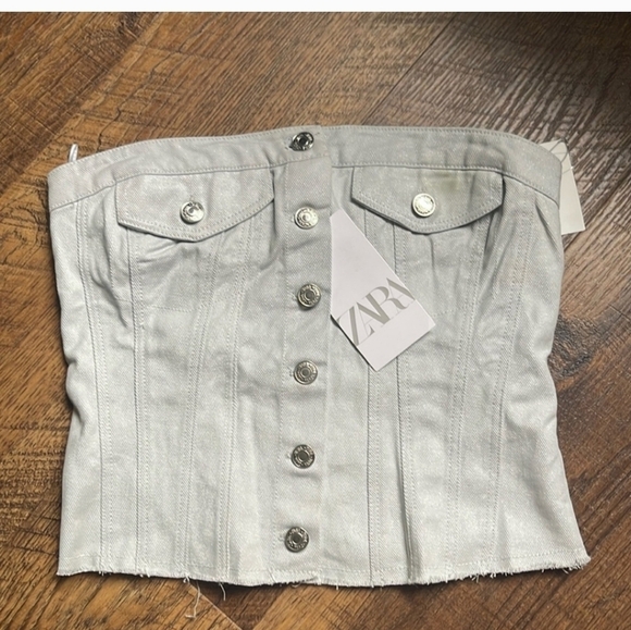 NWT Zara Strapless Denim Button Up Tube Top Silver Size S - Picture 4 of 10